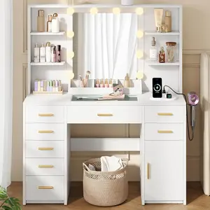 Modern Vanity with Lights Mirror and Glass Tabletops, Makeup Vanity Desk with Charging Station, Vanity Desk with Storage Shelf, Drawers, Cabinets for Bedroom outdoorfun