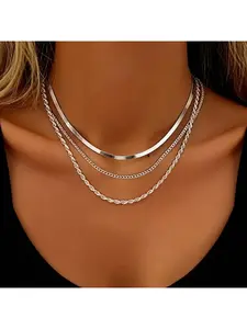 3 PCS Stainless Steel Layered Chain Necklace Set, Unisex Fashion Multi-Layer Necklaces, Daily Party Jewelry Accessories, Exquisite Birthday Holiday Gift for Men Women