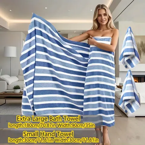 3 Pieces Oversized Bath Towels Set with Three-Color Stripe Design, Includes 1 Large Bath Towel and 2 Washcloths, Super Absorbent Soft Fluffy Fabric Towel Sets, Striped Towels