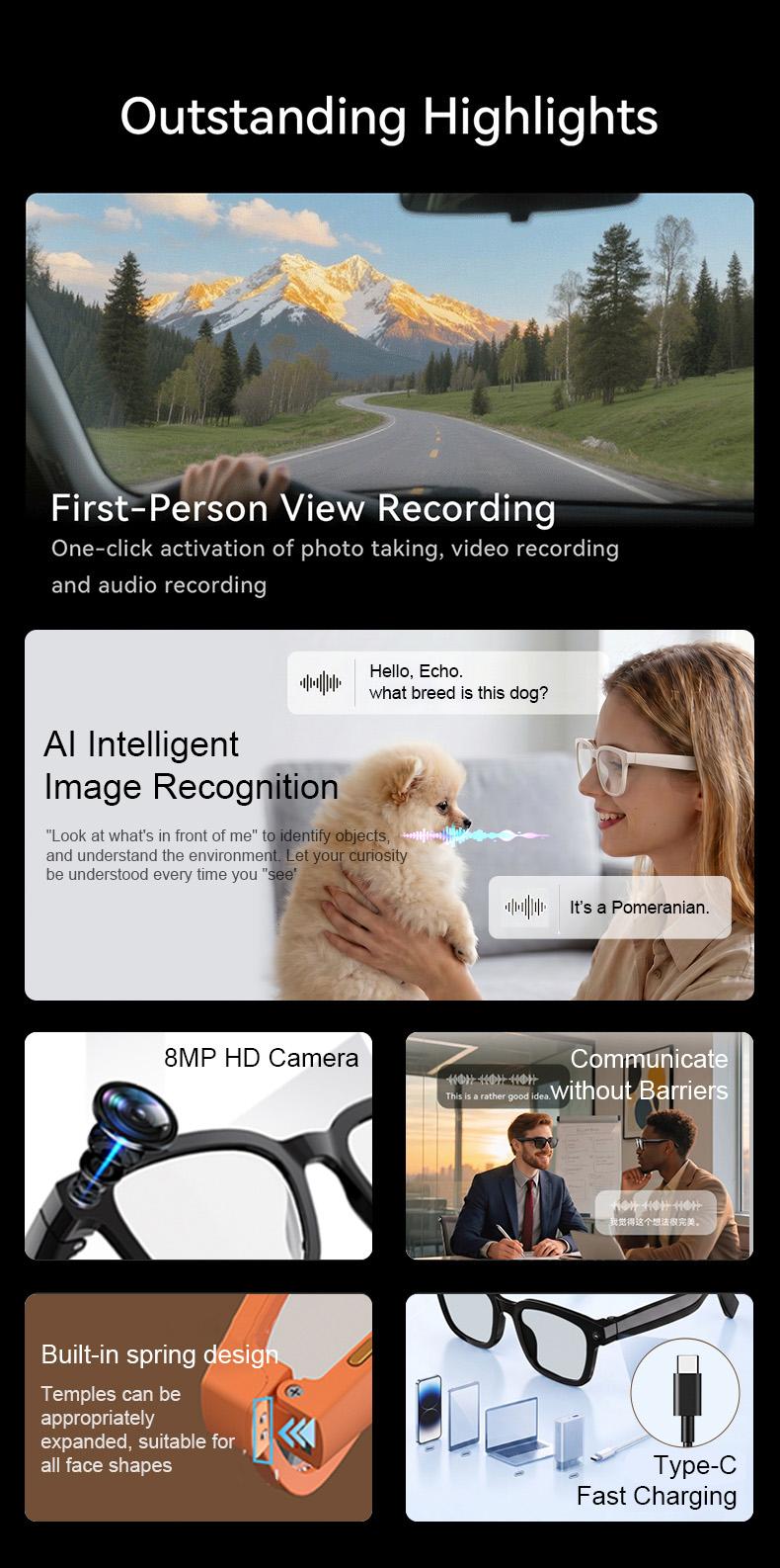Smart Bluetooth Glasses with HD Camera, 1200p Video Recording Wearable Smart Glasses, Anti-shake Shooting Outdoor Sports Camera Sunglasses, Multifunctional Wireless Audio Glasses with Intelligent Voice Assistant, Built-in Earphone Anti-blue Light Eyeglass