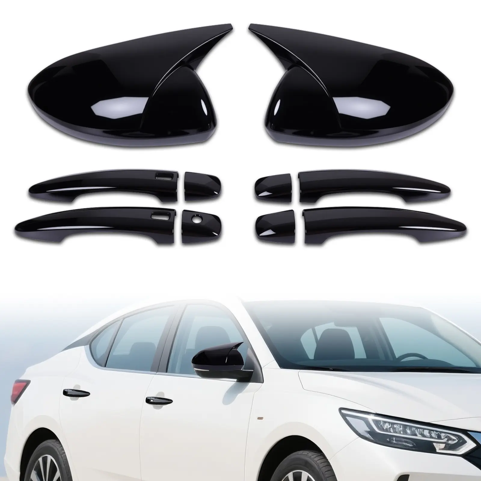 For 2020-2024 Nissan Sentra Mirror Caps & Door Handle Covers, Glossy Black ABS Rearview Mirror Cover Door Handle Covers Exterior Trim Kit, Self-Adhesive Car Styling Accessories