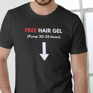 Unisex Hair Gel Cotton TShirt Black with Red Text and White Arrow Design Casual Streetwear Crewneck Top for Men and Women