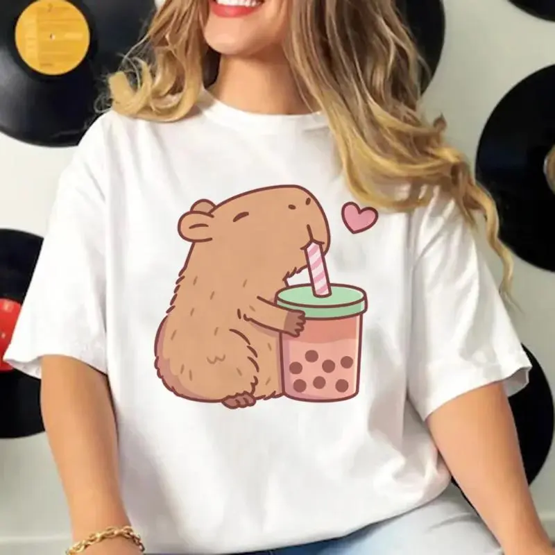 Capybara Boba T-shirts | Manga Graphic Tee | Harajukus Japanese Manga Designer | Casual Summer Clothing