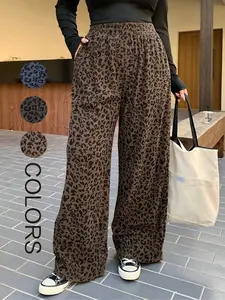 Plus Size Women's Loose-Fit Leopard Print Corduroy Pants with Elastic Waistband, Coffee-Colored Long Pants for All Seasons, Perfect for Back to School and Casual Dates