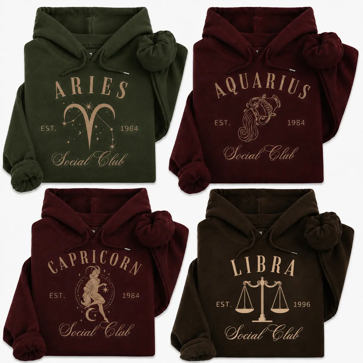 [LEAVE A NOTE] All 12 Zodiac Hoodie, Custom EST Year Astrology Pullover, Vintage Star Sign Sweatshirt, Birthday Gift for Women
