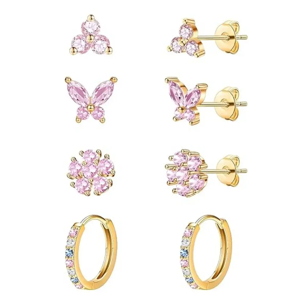 Gold Pink Stud Earrings for Women Hypoallergenic Earrings for Girls 14K Gold Plated Cute Butterfly Earring for Sensitive Ear,4 Pair Trendy Hoop Stud Earring Set for Kids Teen Women,20G