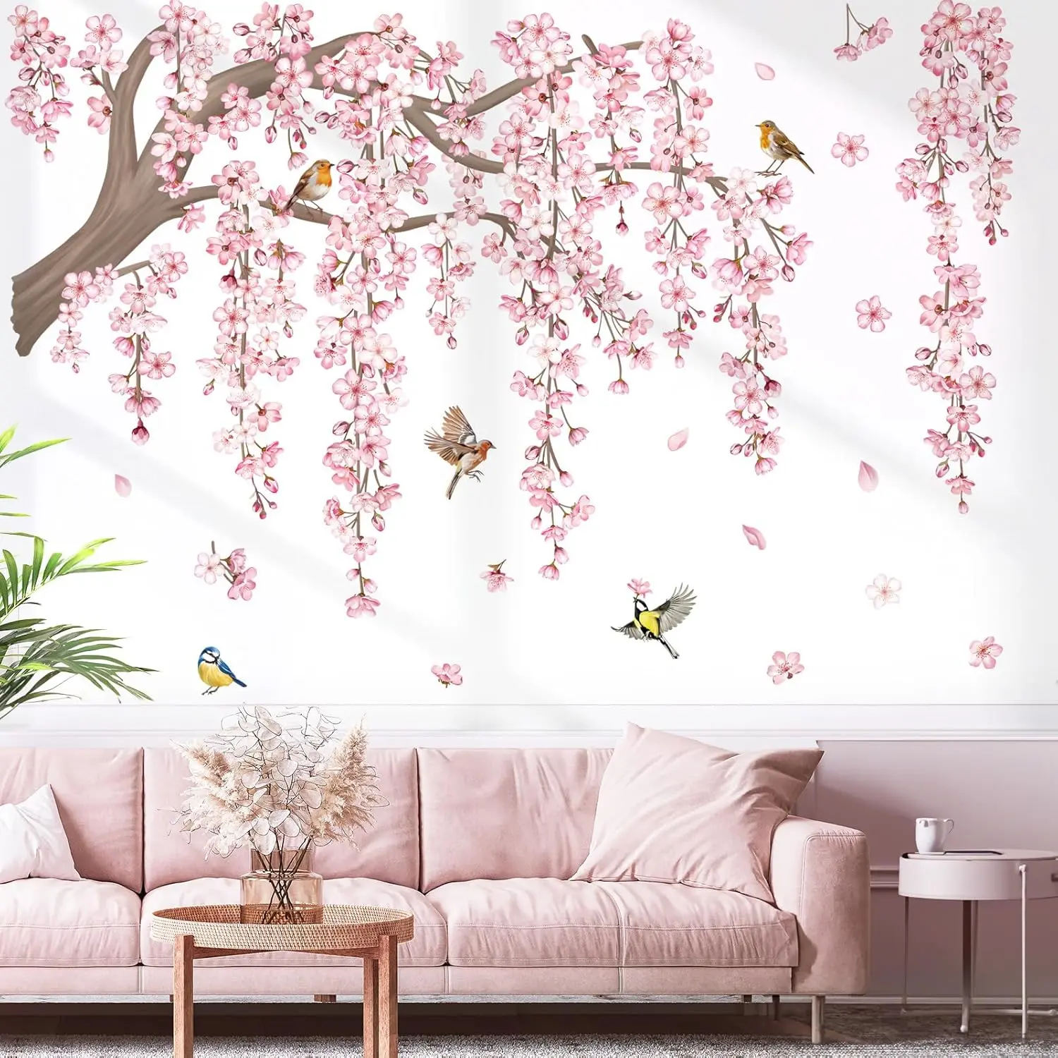 Large Pink Flower Tree Branch Wall Decals Cherry Blossom Tree Floral Birds Wall Stickers Living Room Bedroom Tv Background Wall Decor