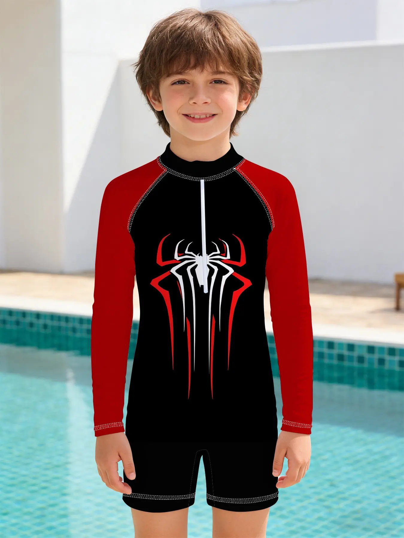 Boys' Spider One-Piece Swimsuit, Red and Black Battle Suit Design, with Front Zipper and Long-Sleeve Sun Protection, Exclusive Summer Swimwear for Boys' Swimming Lessons or Beach Vacations