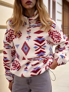 Fisoew Women's Half Zip Sherpa Jacket with Ethnic Aztec Patterns Fleece Lined Casual Warm Geometric Design Coats Womenswear Tops Chic Outdoor winter outfits women winter coats women Ribbed Traditional