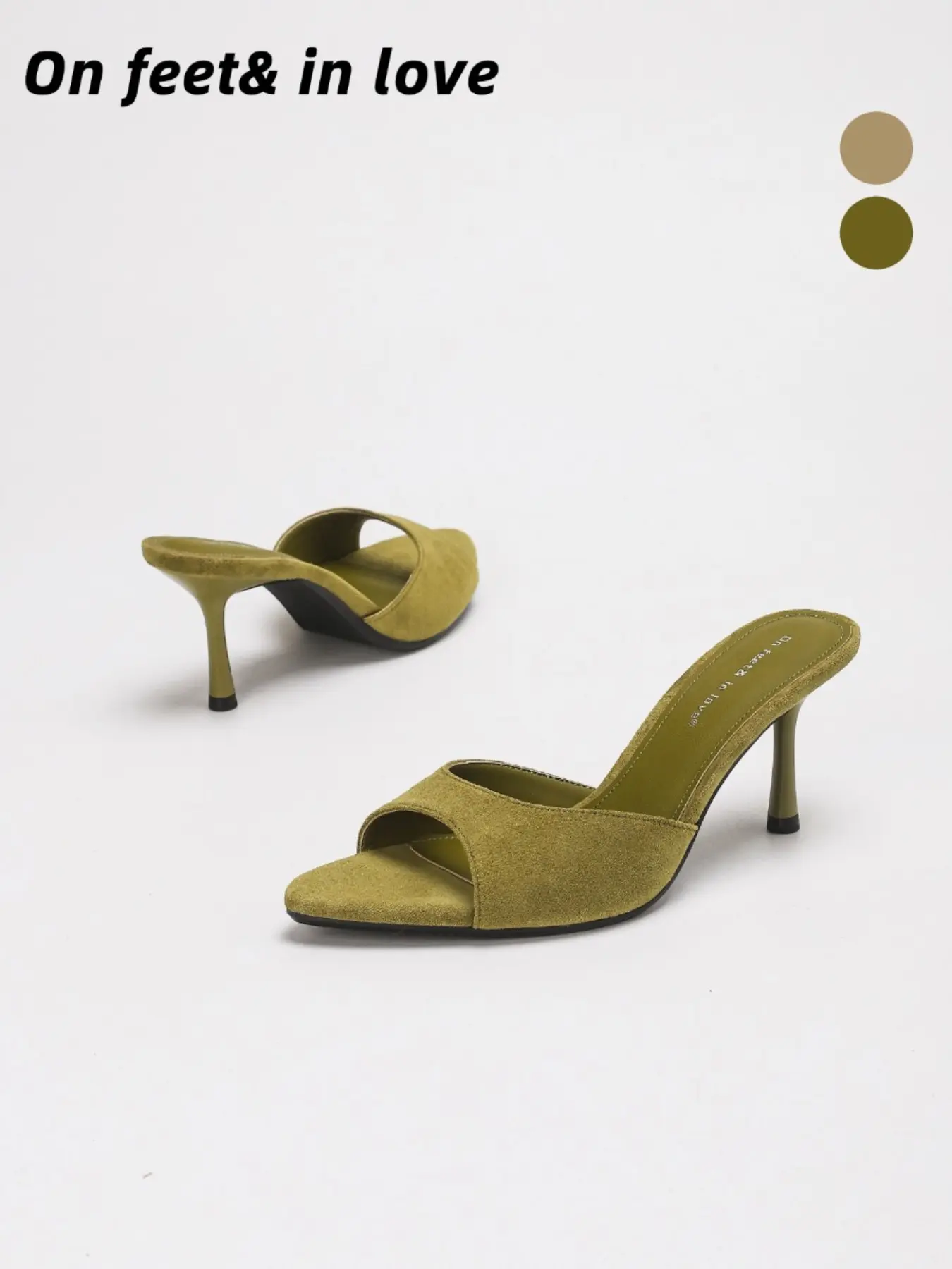 Women's All Sizes Olive Green Matte Faux Suede Open Toe Flared Stiletto Heel Slide Mules, Slip On Non Slip Cushioned Stable Dressy fashionable heeled Sandals for Daily Casual Office Work Date Night Beach Vacation Summer Outfits footwear