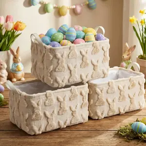 Beige Rabbit Storage Baskets Easter Bunny Laundry Basket Plush Faux Fur Jacquard Design with Handles Waterproof Storage Bins Fabric Shelf Baskets for Easter Party Decorations