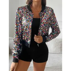 Women's Glitter Sequin Zip Up Jacket, Casual Long Sleeve V Neck Outerwear for Daily Wear, Ladies Clothes for All Seasons, Coats(Sheets)