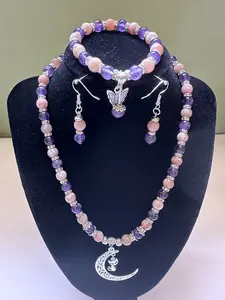 Handcrafted necklace with bracelet set  Amethyst  sunstone natural and color enhanced stones