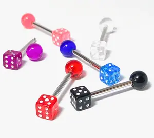6pc Bulk Pack Acrylic Dice Steel Tongue Rings 14g Tounge Body Jewelry