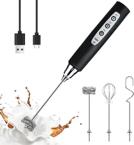 Black Handheld Milk Frother Wand for Coffee, Rechargeable Electric Whisk with 3 Heads 3 Speeds Drink Mixer Coffee Frother For Latte, Cappuccino, Hot Chocolate, Egg