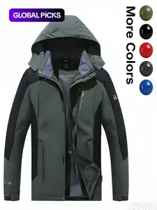 Men's Regular Fit Patchwork Drawstring Zip-Up Hooded Jacket, Casual Long Sleeve Pocket Outerwear for Fall & Winter, Men's Clothes for Outdoor Activities, Coats, Functional Coat, Zippered Jacket