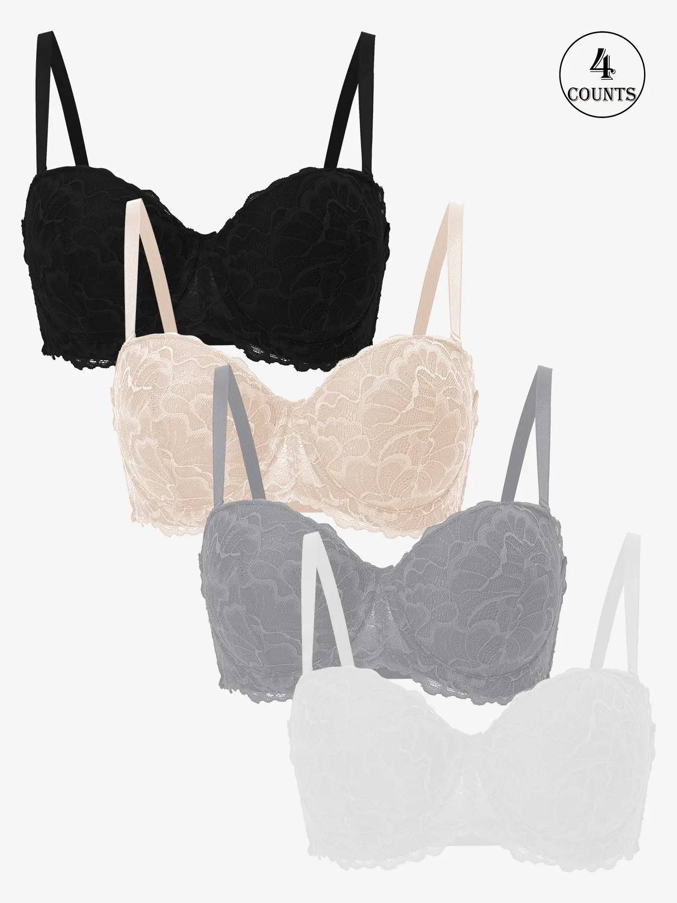 4 piece set of solid color high-quality bras, sexy lace women's underwear, elegant, breathable, and comfortable on the skin, one-piece with underwire and hook-back design, back-smoothing, yoga sports push-up bra, adjustable straps women's lingerie