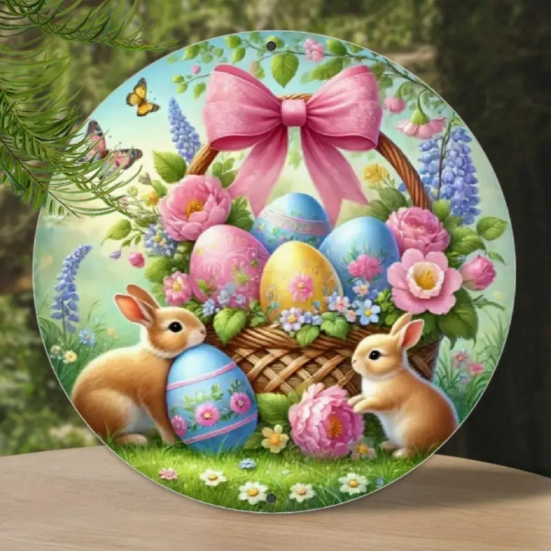 8in Round Iron Wall-Mounted Plaque - 2D Easter Bunny & Egg Basket Hangable Hanging Home Decor, Vibrant Spring Decor with Rabbits, Flowers, Bunny Eggs for Home, Cafe