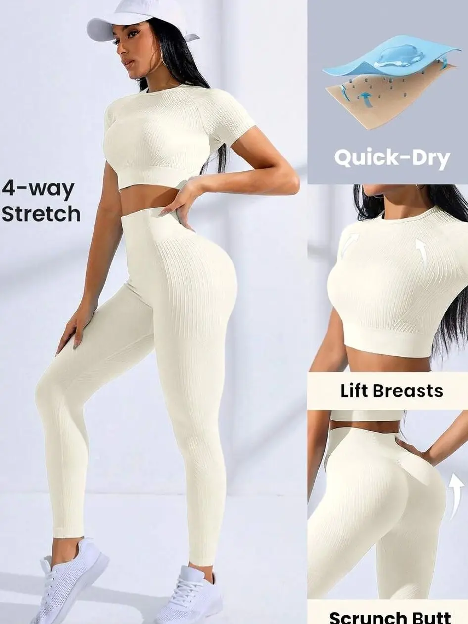 Seamless Cropped T-Shirt & Ribbed Leggings Set Workout Two Piece Activewear Quick-Dry