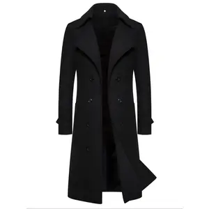Men’s solid-color double-breasted trench coat jacket with pockets, autumn and winter casual long-sleeved lapel jacket for everyday wear