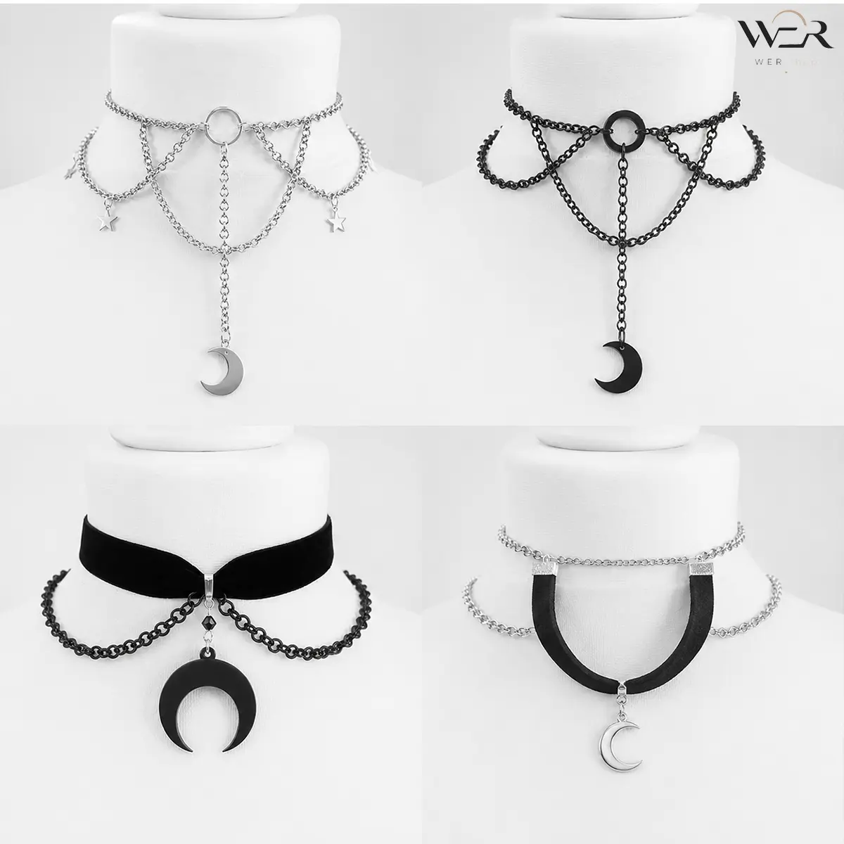 Women's Gothic Layered Chains Choker - Black Velvet & Silver-Tone Statement Necklace with Moon Star Charms, Adjustable Hook (Adjustable Elements), Casual Daily Female Jewelry, Alt Necklaces