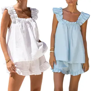 Women's Summer 2PCS Pajamas Sets Sleeveless Ruffle Backless Crop Tank Top + Solid Color Ruffle Shorts Lounge Pajama Set Sleepwear
