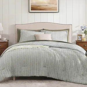 Full Comforter Set - 7 Pieces Green Gauze Muslin Bedding Sets for All Seasons, Lightweight Breathable Bed in a Bag Full with Revesible Farmhouse Comforter, Sheets, Pillowcases & Shams