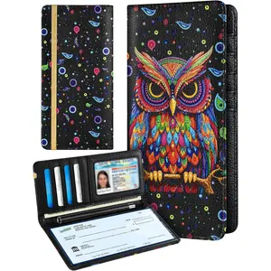 Checkbook Cover for Personal Duplicate Checks - Leather Check Book Wallet Holder for Women Black Owl Print Top Stub