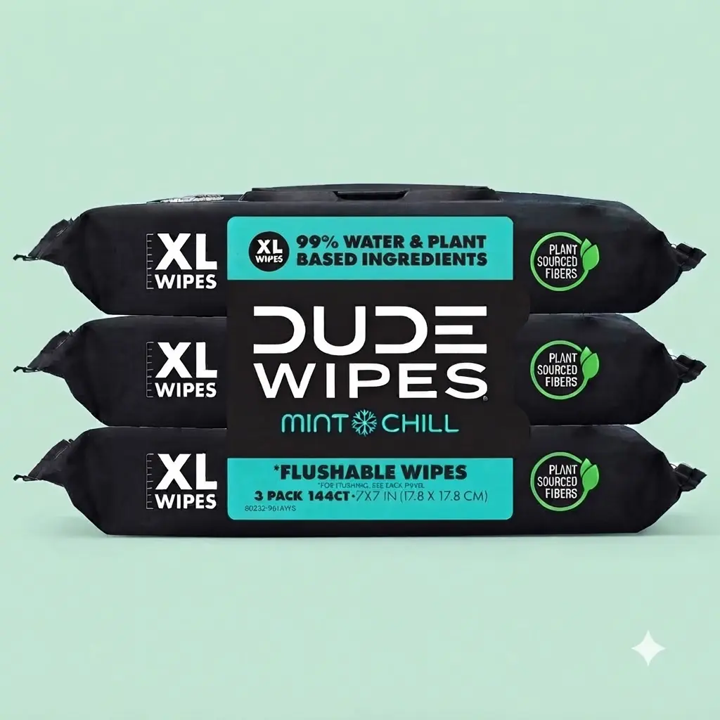 DUDE Wipes Mint Chill Flushable Wipes 144 Count 3 Pack 99% Water Extra Large Refreshing Wipes Tea Tree Oil Vitamin E