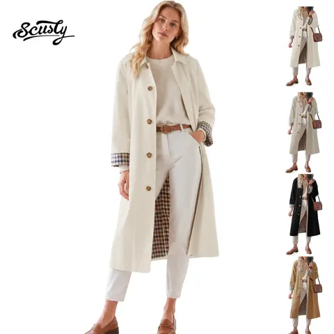 SCUSTY Womens Long Trench Coat Single Breasted Oversized Windproof Overcoat Fashion Mid-Length Trench Coat