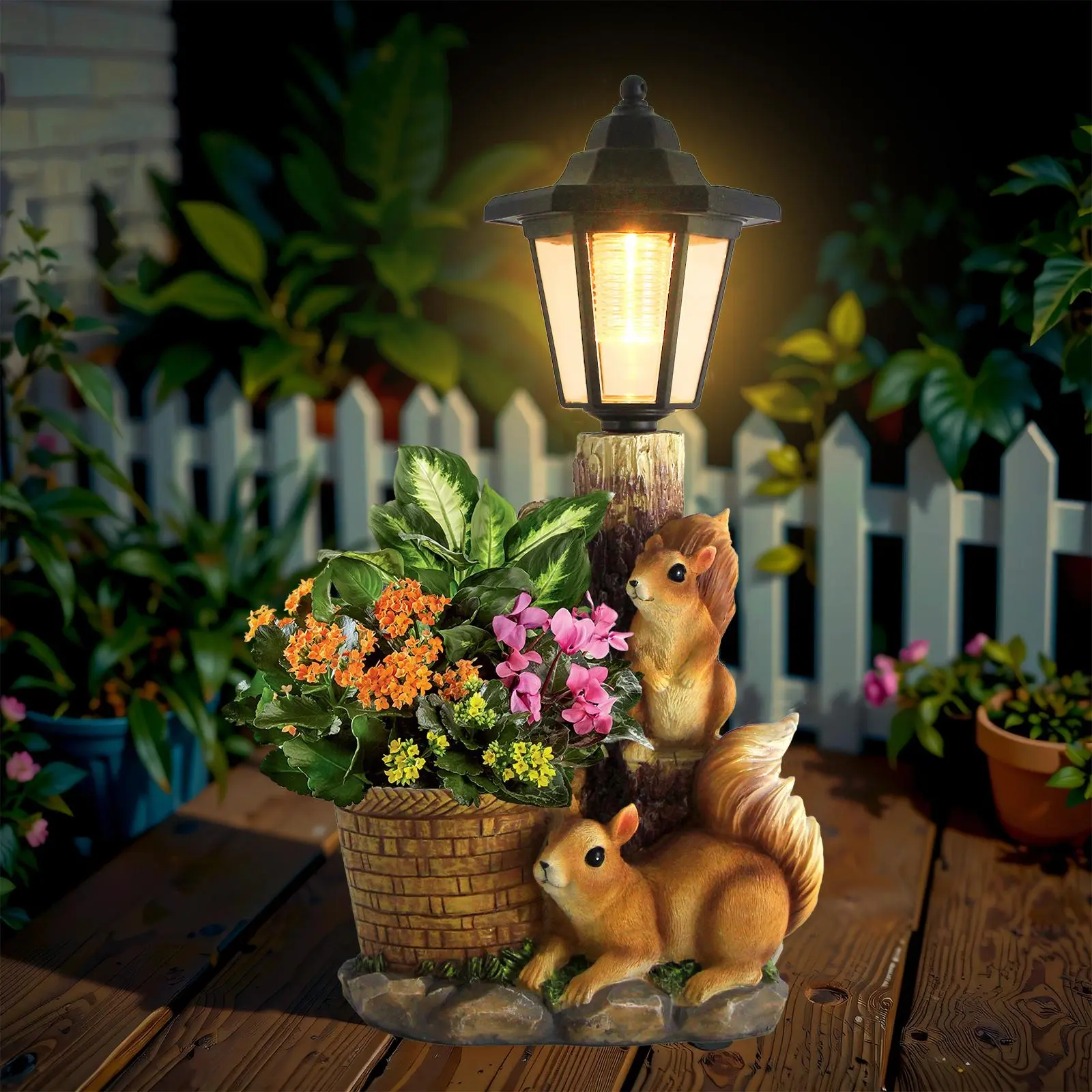 Solar-Powered Whimsical Squirrel Flowerpot Statue - Decorative Exterior Succulent Planter, Outdoor Decor Garden Sculpture Figurine (Artificial Flowers Not Included) sohochic