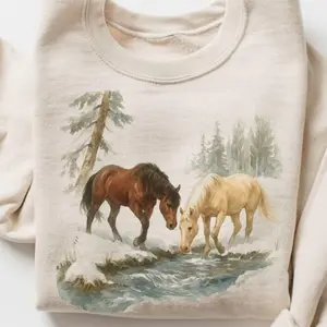 Wild Horses in Nature Sweatshirt, Vintage Horse Graphic Pullover, Cozy Woodland Animal Top, Rustic Nature Crewneck for Her Gift Horse Lover