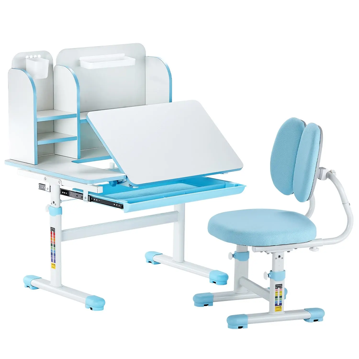 VEVOR Kids Study Chair and Desk Set, Study Desk and Chair for Kids with Bookshelf & Storage Drawer, Adjustable Height & 0-40° Tilted Desktop Desk and Chair, Study Table for Bedroom & Study Room, Blue#BacktoSchool
