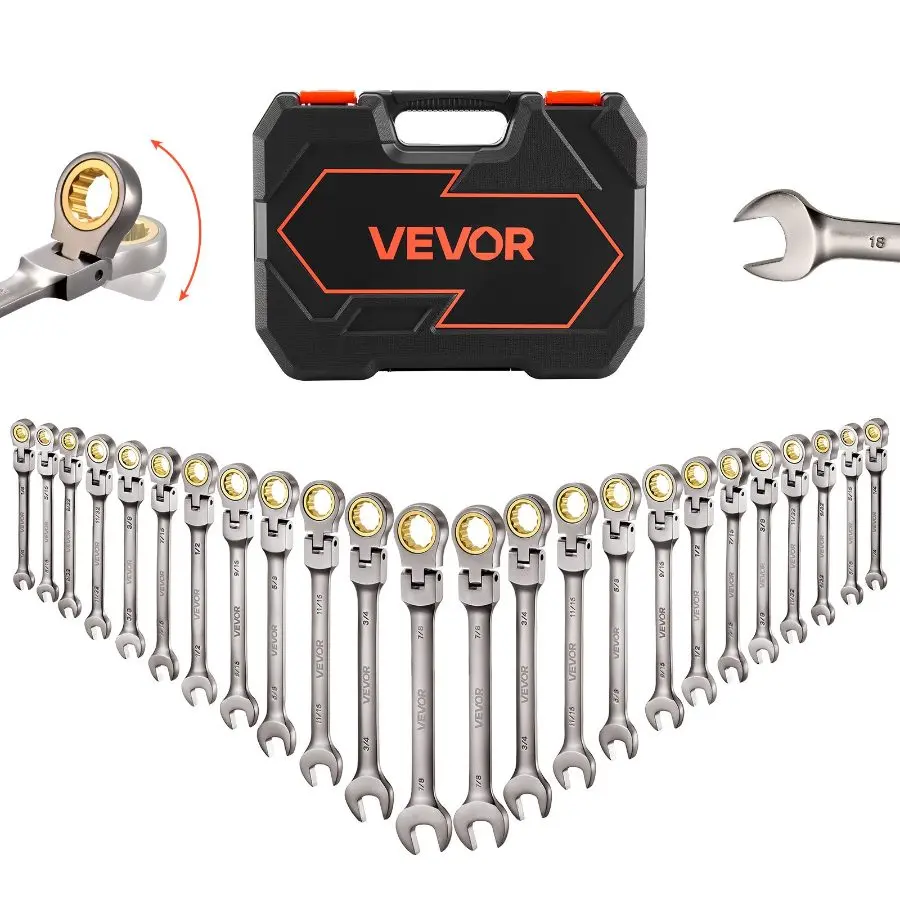 VEVOR 24-Piece Adjustable Ratchet Wrench Set, SAE & Metric Flex-Head 72-Teeth Cr-V Steel Combination Wrenches with Storage Case, Ideal Father's Day Gift for Household & Automotive Repairs