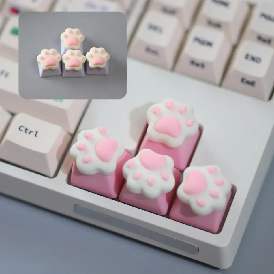 4pcs/Set Cartoon Cute Cat Claw PBT Cross-Axis Keycaps for Mechanical Keyboards, Pink White Personalized DIY Keycap Decoration for Girls, A-1set Gaming PC Accessories