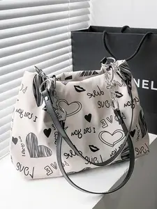 Women's Fashionable Cartoon Heart Pattern Tote Bag, Casual Large Capacity Shoulder Bag for Daily Used, Trendy All-match Bag for Commuters and Students, Valentine's Day, Ladies Purse