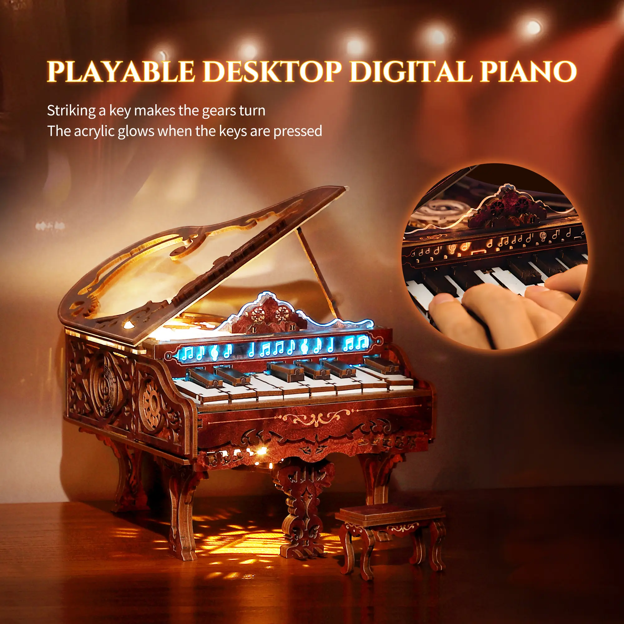 FUNPOLA 3D Wooden Puzzle Playable Piano Kit with LED Light, Interactive Whimsical Music Craft Model, Home Decor Gift for Adults 330PCS