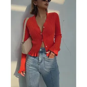 Long Sleeve Ruffled Trim Pearl Button Cardigan