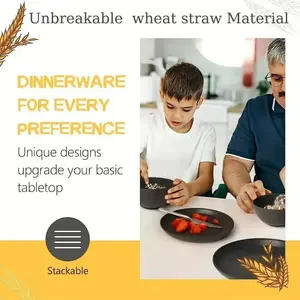 Wheat Straw 16-Piece Reusable Durable Shatterproof Black Plastic Plates Bowls Cups Cutlery Microwave Dishwasher Safe for Picnics Parties Camping Family Meals Tableware Dining Plate Set