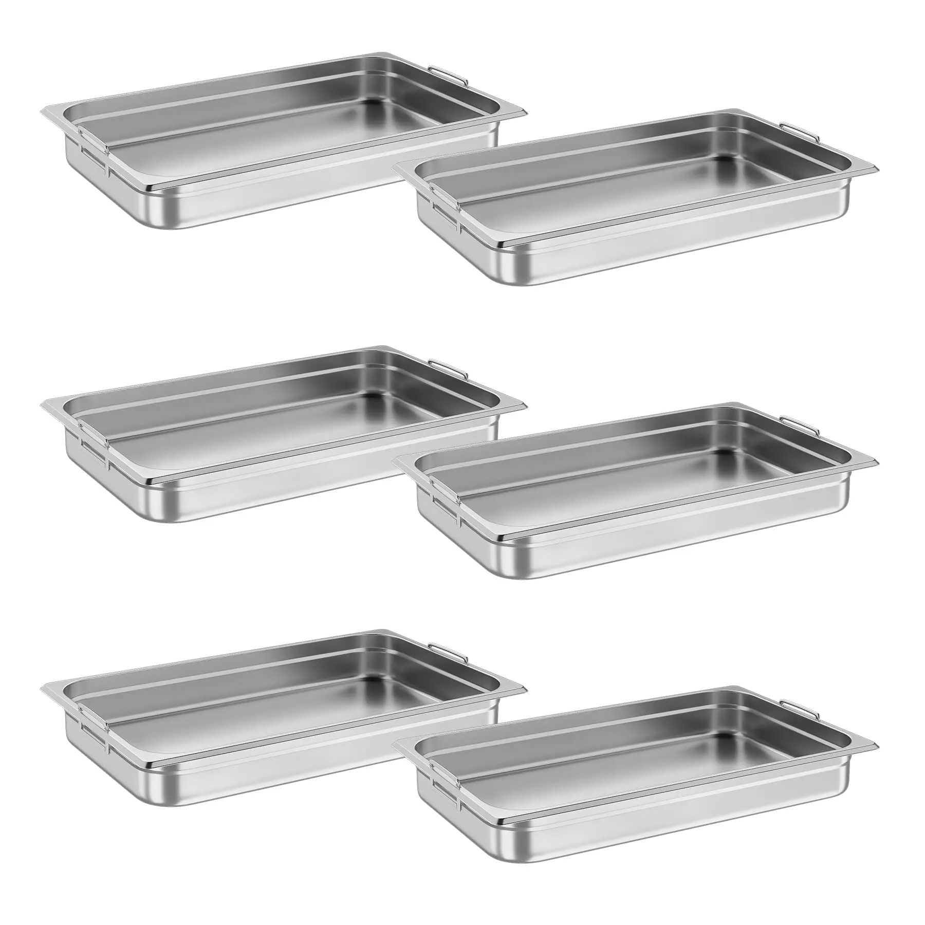 6 Pack Full Size Food Pan, Commercial Catering Hotel Pan, [NSF Certified][with Handle] Stainless Steel 2.5 in Deep Anti-Jamming Steam Table Pan