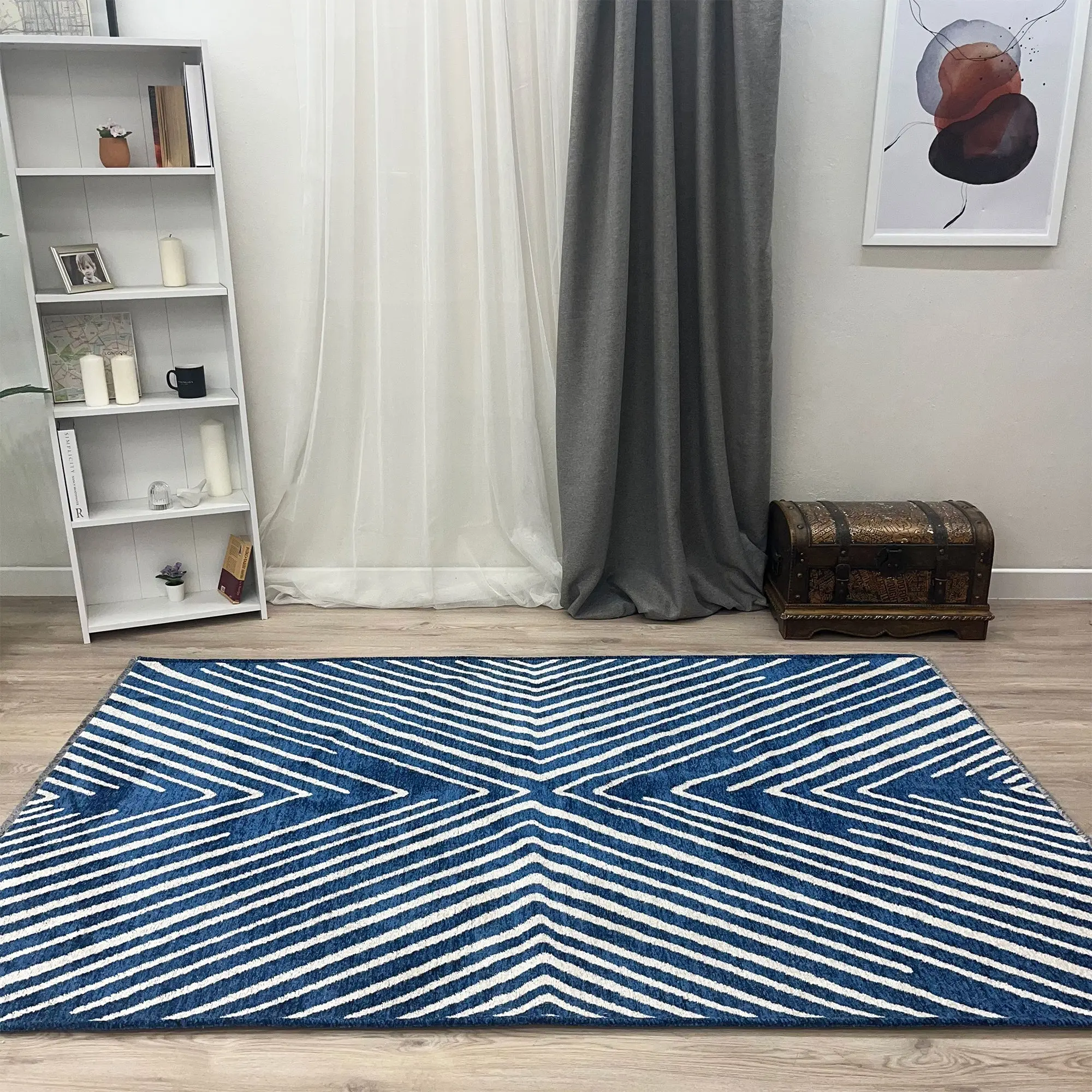Geometric Navy, Royal Blue & Cream Woven Washable Area Rugs