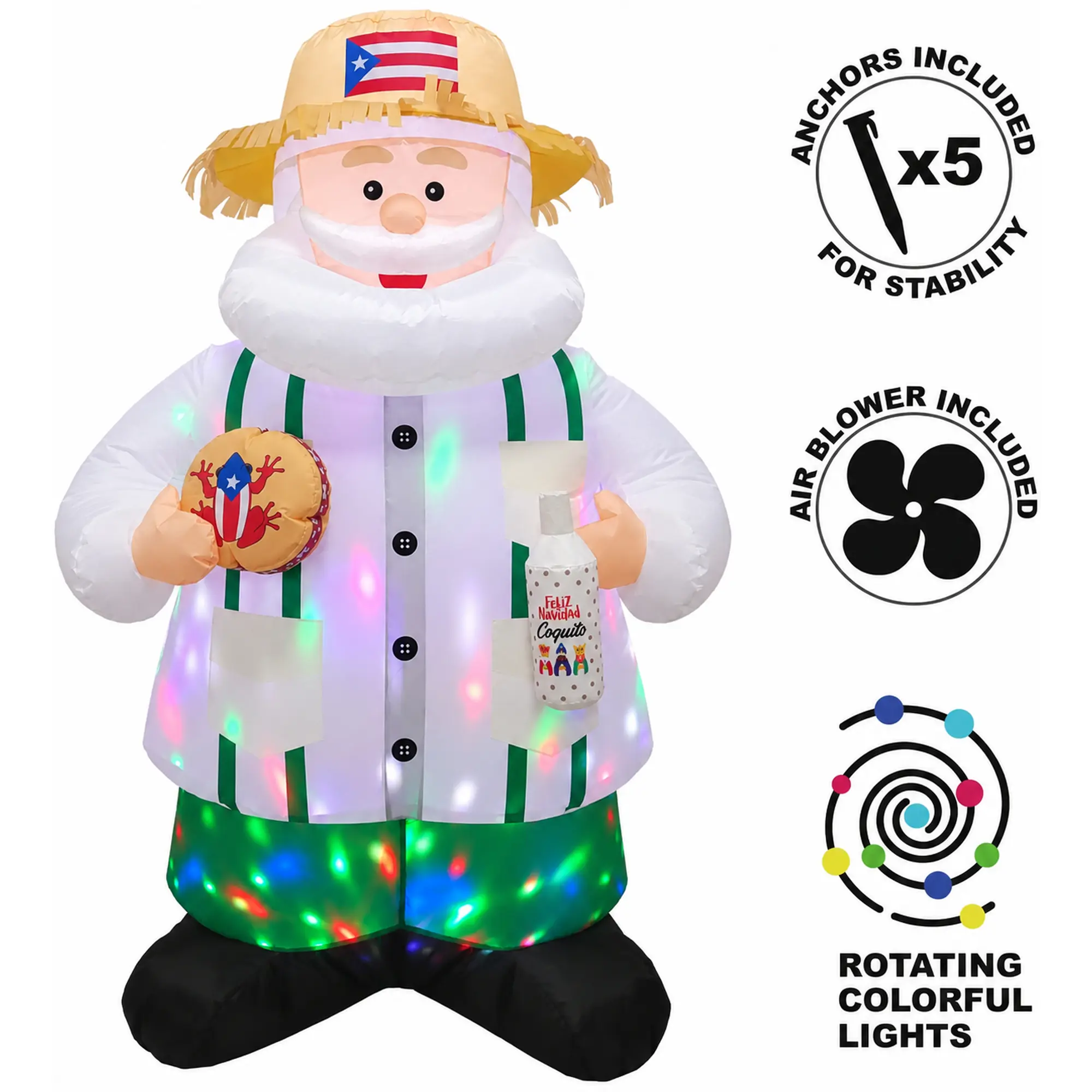 Puerto Rico Inflatable Santa Claus with LED Lights, Christmas Decor