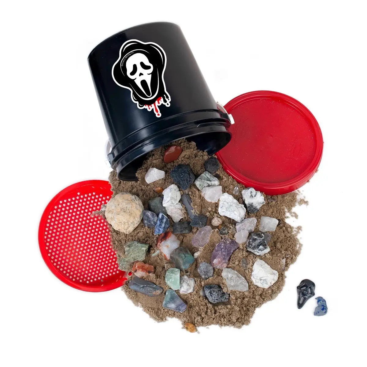 Declan’s Halloween Gallon Bucket - filled with over 4 lbs of raw crystals including a crystal Scream Mask and a raven perched on a skull.