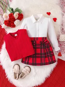 3-Piece Stylish Girls Set for Spring & Fall, Includes Long Sleeve Button-Up Shirt, Knit Vest, and Plaid Skirt with Bow, Comfortable Casual Wear for Kids' Daily Activities, Clothing Sets, Fine Girls Outfit, Casual Fashion Set
