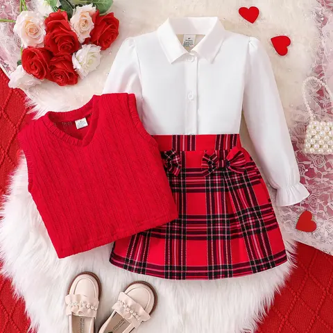 3‑Piece Stylish Girls Set for Spring & Fall, Long Sleeve Button‑Up Shirt, Knit Vest, and Plaid Skirt with Bow, Comfortable Casual Wear for Kids' Daily Activities, Clothes Sets