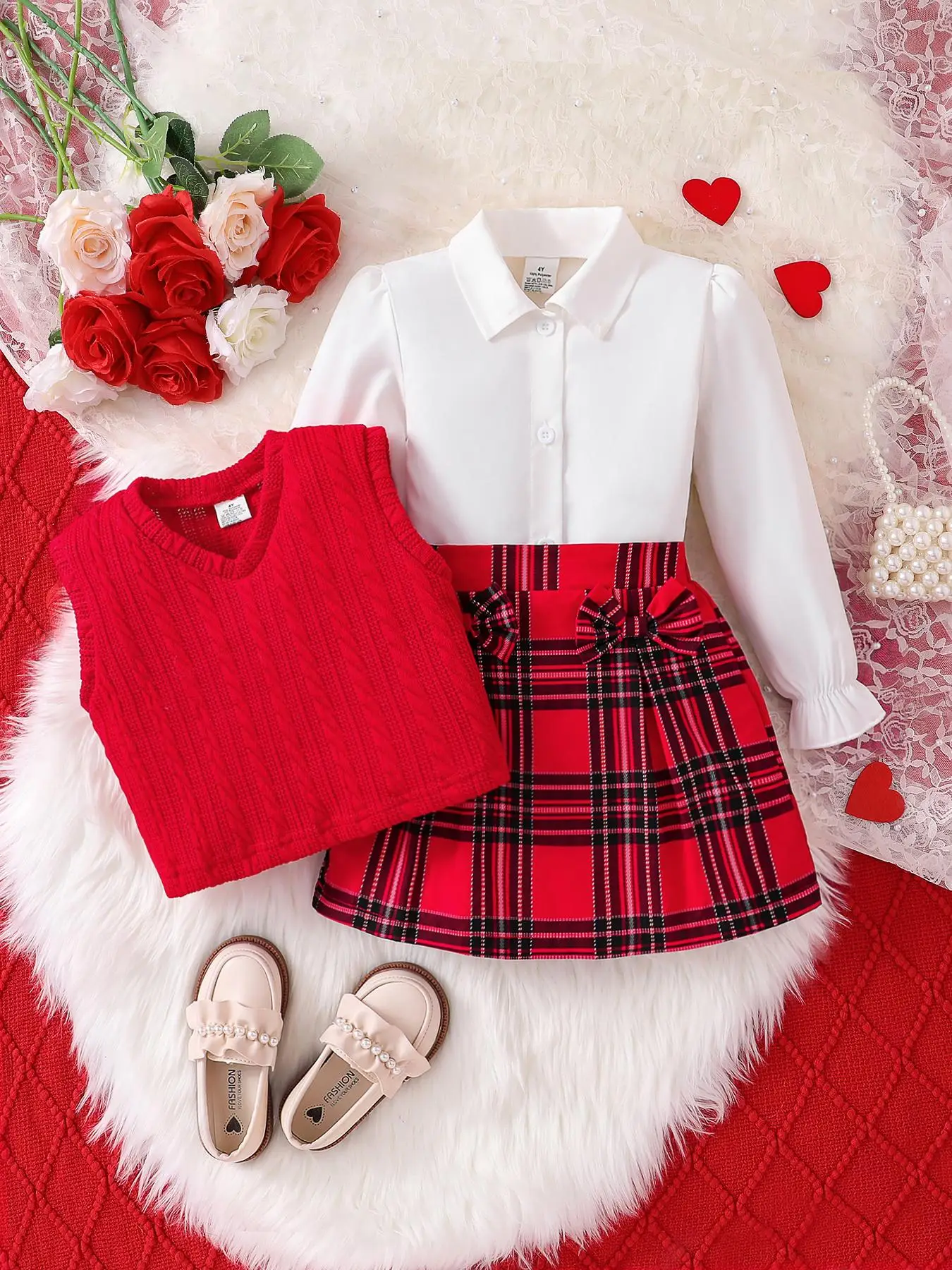 3-Piece Stylish Girls Set for Spring & Fall, Includes Long Sleeve Button-Up Shirt, Knit Vest, and Plaid Skirt with Bow, Comfortable Casual Wear for Ki