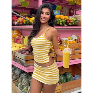 Sports casual wear, fashion, vacation, striped stitching, suspenders, tops, slim fit, hip skirt, suits, outdoor, walking, women breathable two-piece Set