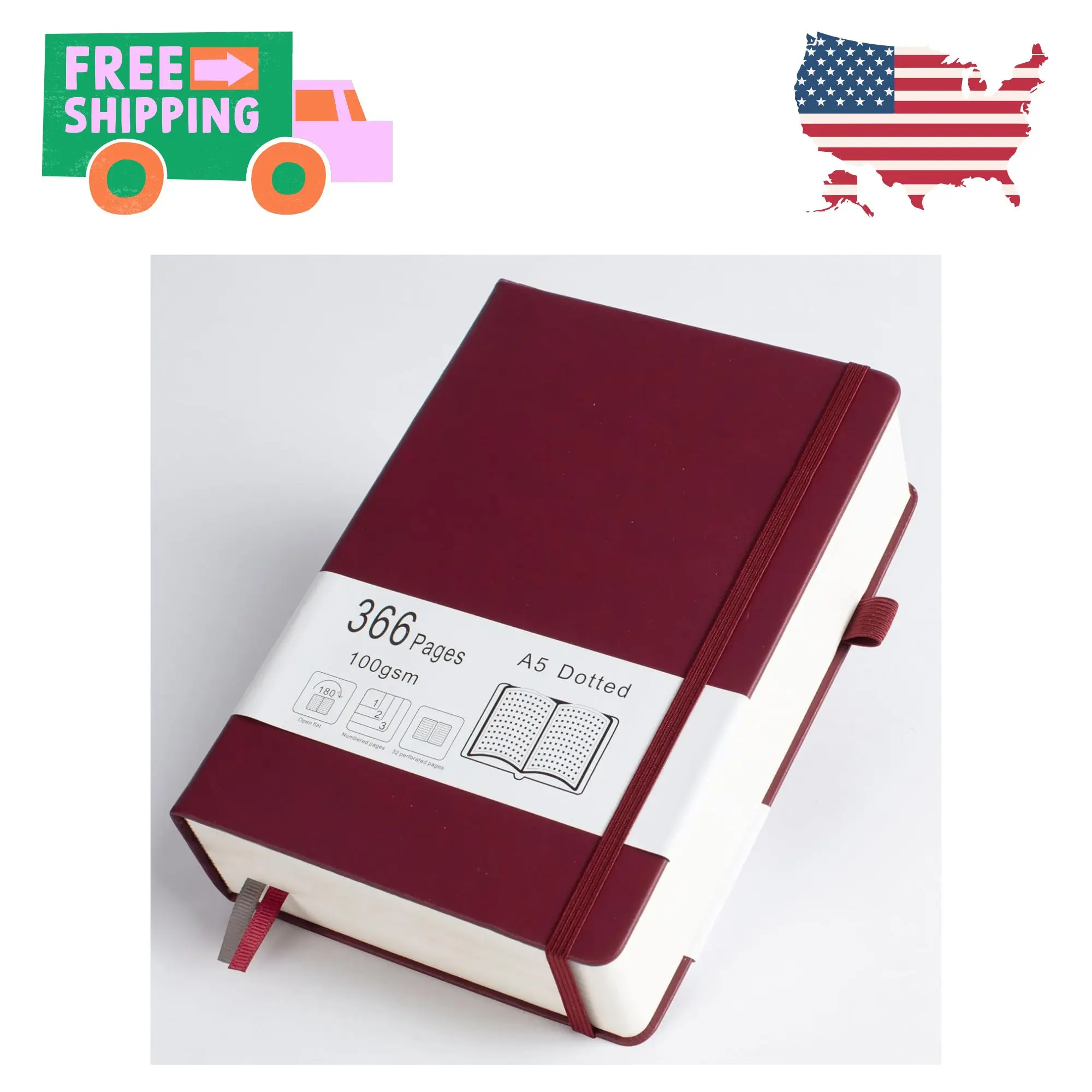 Thick Bullet Notebook with 366 Numbered Pages, A5 Dotted Journal for Writing with 100GSM Dot Grid Paper 5.7"x8.3" Bungandy