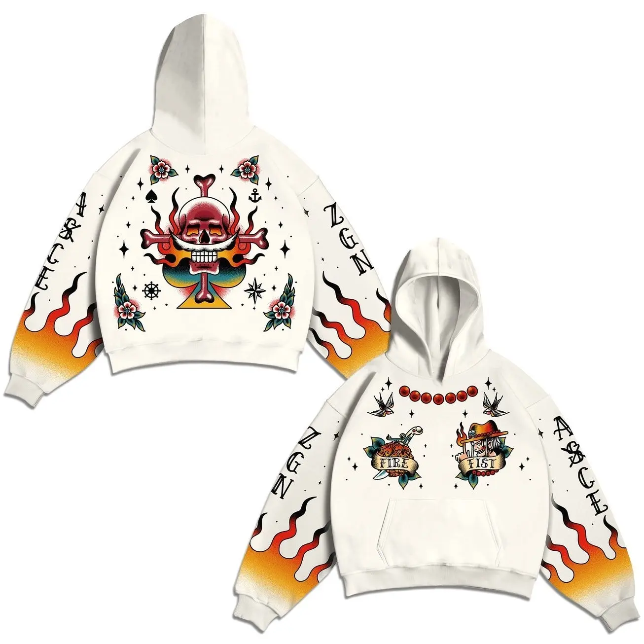 One Piece Portgas D Ace T-Shirt, Sweater, Hoodie, Old School Tattoo Art Design, Fire Fist Spade Skull Graphic, Cream White Vintage Anime Merch 6