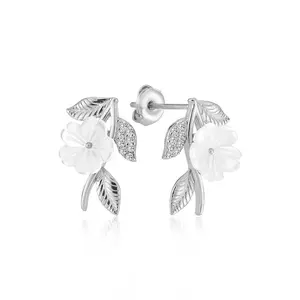 Italian Spring Earrings for Women - 925 Sterling Silver with Rose Gold Plating, Mother-of-Pearl Flowers & Sparkling Zirconia, Elegant Design